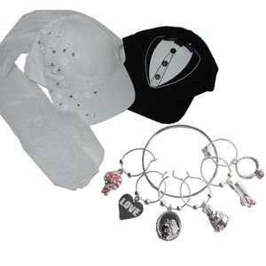 Bride & Groom Wedding Veil & Tuxedo Baseball Cap Hat & Wine Charm Set Cake Ring